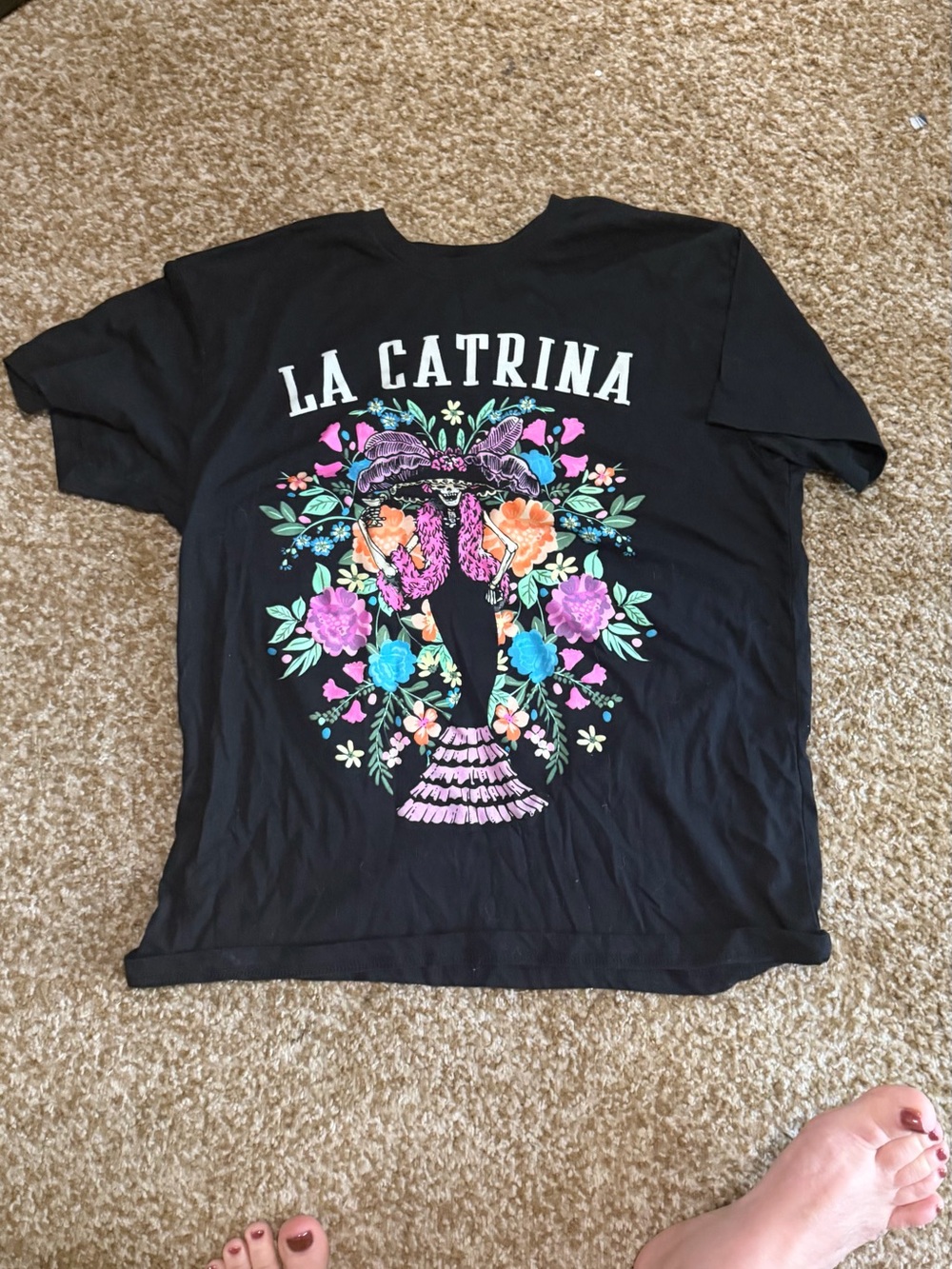 La Catrina Black Graphic Tee with Floral Skull Design